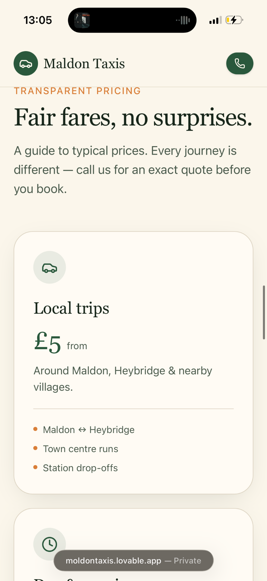 Local trips — taxi website screenshot 10