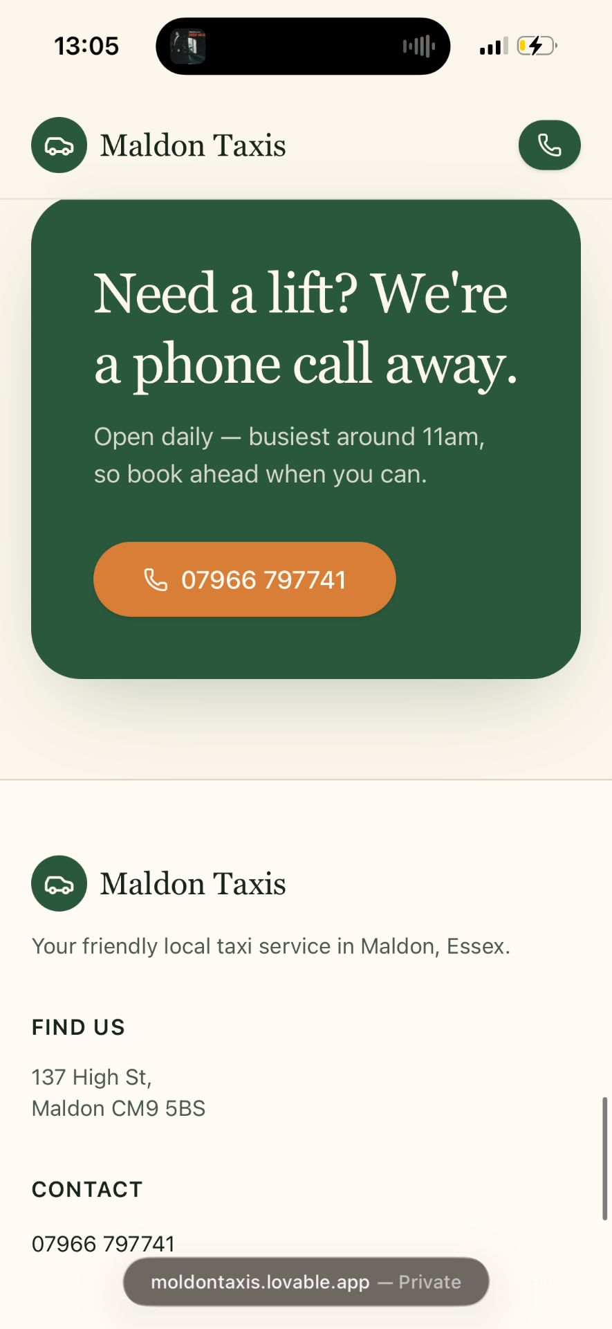 Contact & footer — taxi website screenshot 14